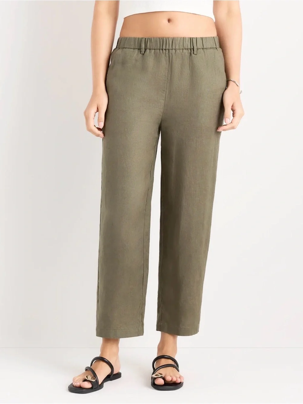 Quince 100% European Linen Pull On Pants Olive Green Elastic Waist Medium